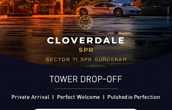 Elegant tower drop-off area at Cloverdale SPR by Signature Global featuring a premium entrance, modern lighting, and luxury car arrival at night.