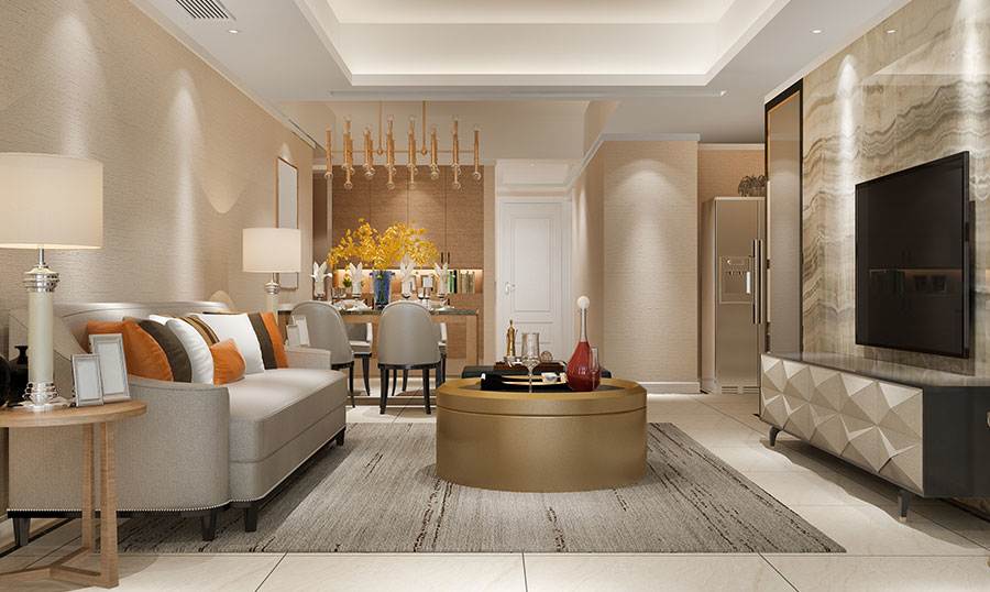 Elegant modern living room with neutral tones, stylish sofa, round center table, ambient lighting, and refined dining area, representing Gurugram ultra luxury real estate in a premium Gurgaon apartment interior.