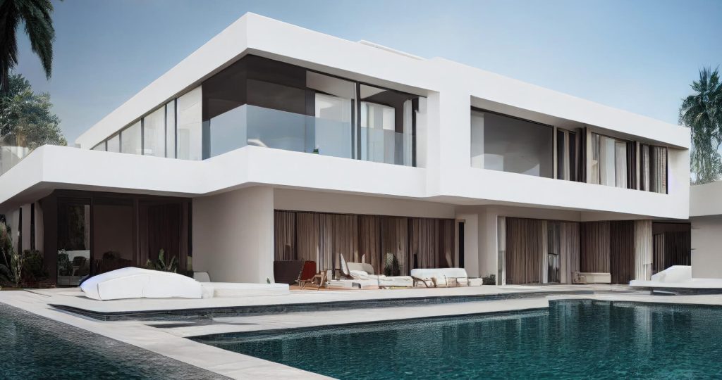 Modern luxury two-storey villa with minimalist white exterior, glass windows, balcony, and private pool showcased by the best real estate company in Gurgaon.