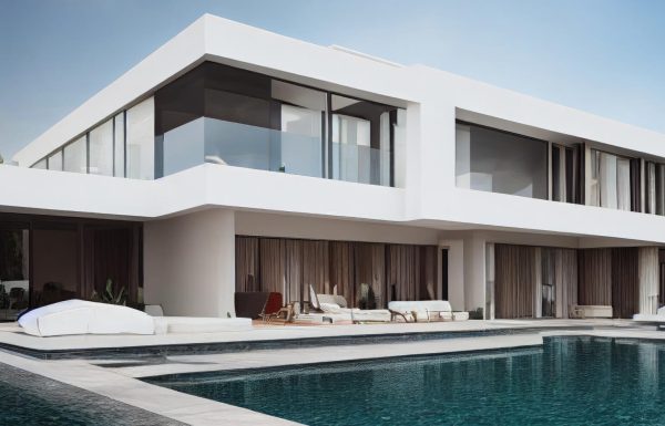 Modern luxury two-storey villa with minimalist white exterior, glass windows, balcony, and private pool showcased by the best real estate company in Gurgaon.