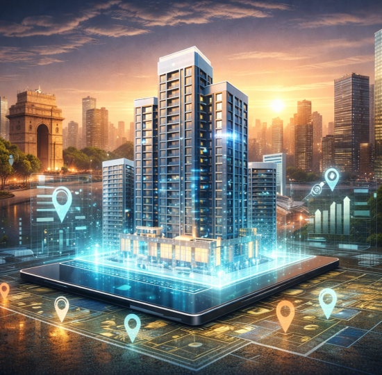 Digitally connected modern high-rise building with location pins and data overlays, symbolizing smart real estate investment and property technology in Gurgaon.