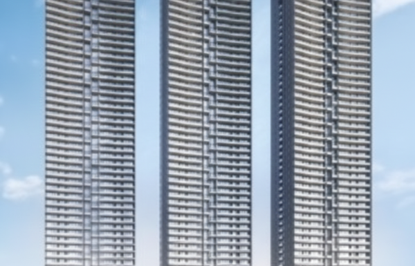 A high-angle view of a sprawling, high-end residential apartment complex featuring multiple white multi-story buildings. The center of the complex includes a meticulously landscaped garden with intricate pathway patterns, lush green trees, and a large swimming pool area under a clear blue sky.