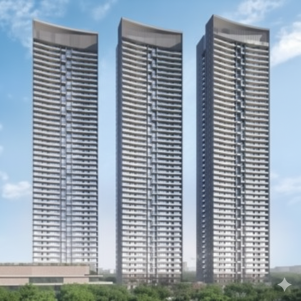 A high-angle view of a sprawling, high-end residential apartment complex featuring multiple white multi-story buildings. The center of the complex includes a meticulously landscaped garden with intricate pathway patterns, lush green trees, and a large swimming pool area under a clear blue sky.