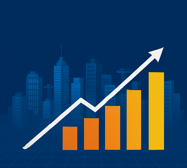 Upward growth chart with increasing bars against a modern city skyline, symbolizing rising real estate market growth and investment potential in NCR.