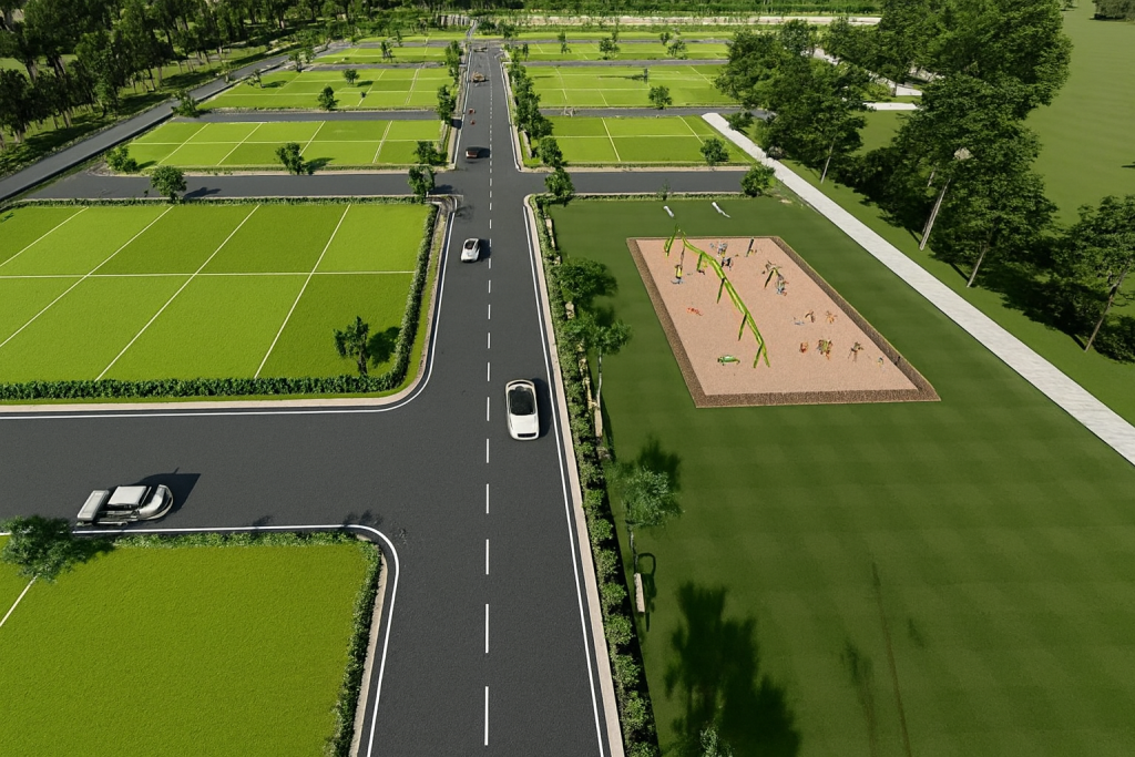 Aerial view of plotted development with wide internal roads, green landscaped plots, and open spaces in a residential layout.