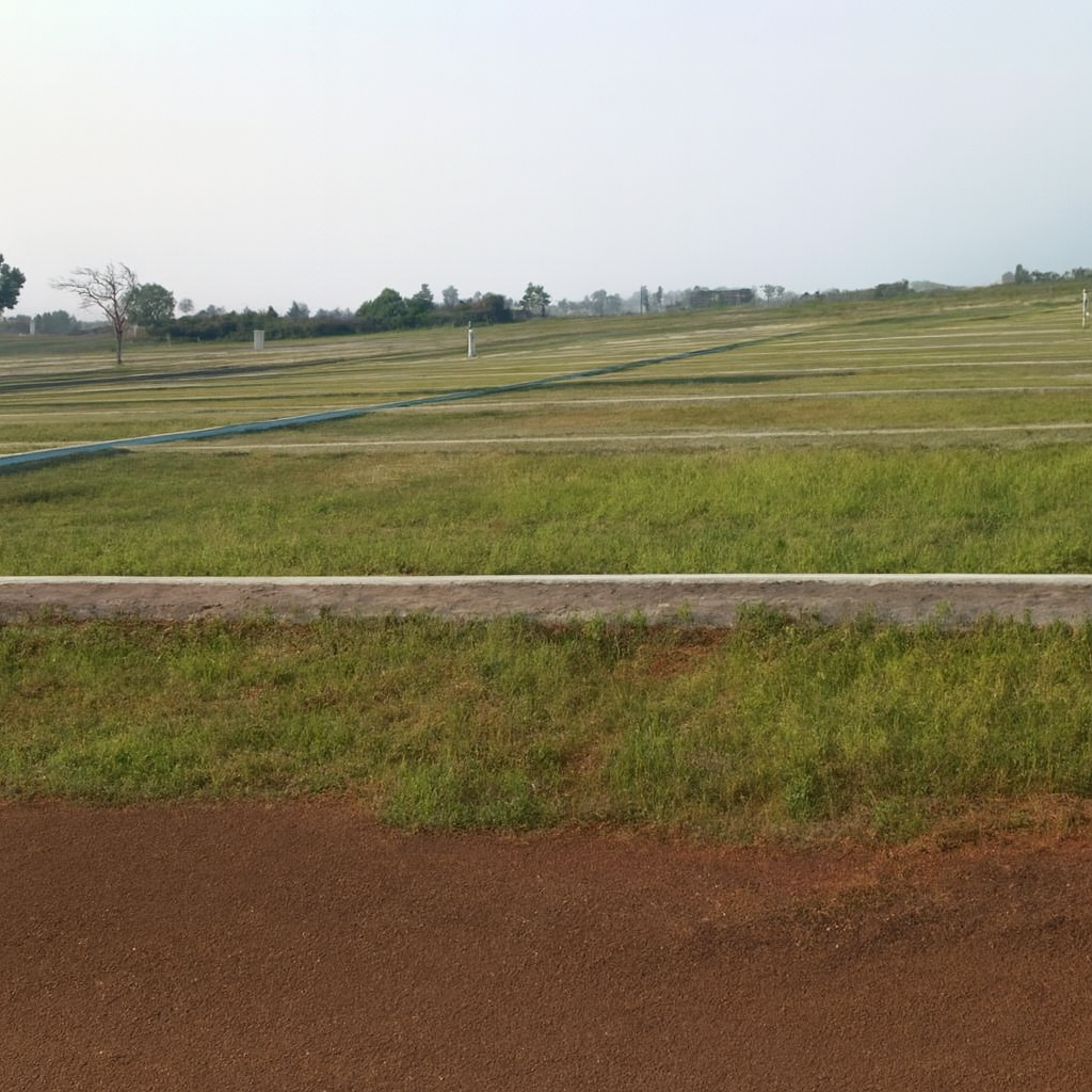 Open land plots with green grass, clearly marked boundaries, and internal paved roads in a well-planned residential or commercial layout under a clear sky.