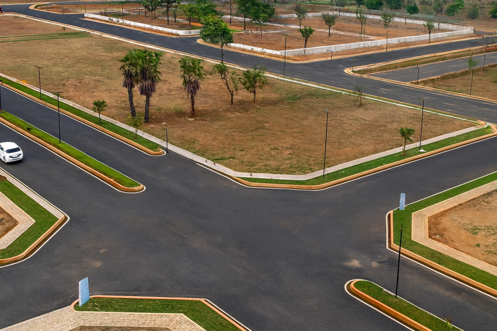 An aerial perspective of a residential land development project showing a grid of empty plots separated by newly paved black asphalt roads. The roads feature white curbs and green landscaped borders with small trees. A single white vehicle is parked on one of the internal streets, and the background shows a gated entrance and more undeveloped land.