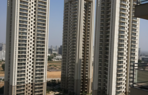 High-rise apartment towers in DLF Garden City Enclave, Sector 93, Gurugram featuring modern architecture, landscaped internal roads, and a premium residential environment.