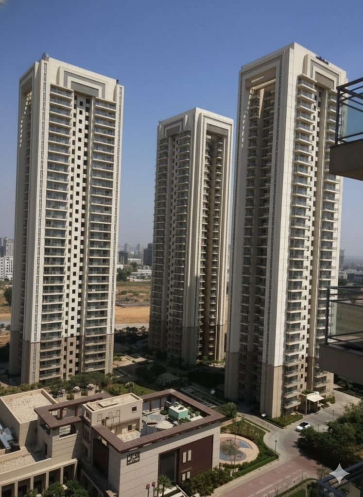 High-rise apartment towers in DLF Garden City Enclave, Sector 93, Gurugram featuring modern architecture, landscaped internal roads, and a premium residential environment.
