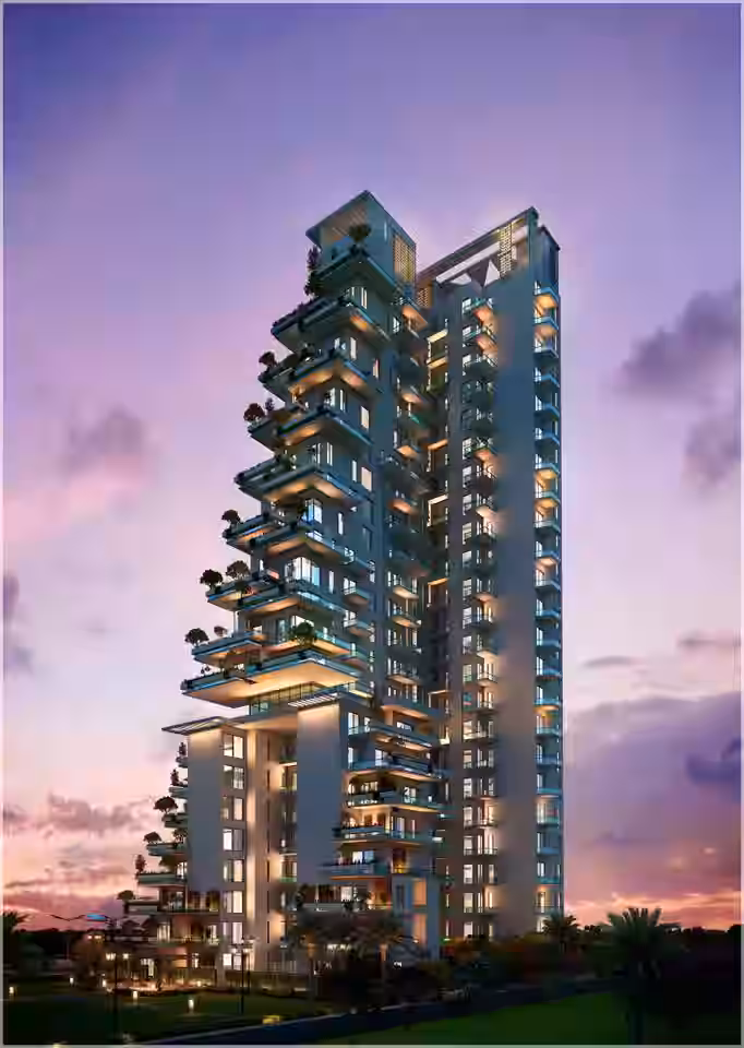 A tall, modern luxury apartment building featuring a unique staggered design with large, glass-walled balconies and lush green terraces on every level. The building is illuminated against a purple and pink sunset sky, showcasing contemporary architecture and urban vertical gardening.