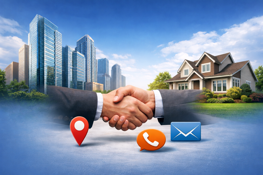 Professional handshake between two business executives symbolizing a real estate deal, with a modern city skyline on one side and a residential home on the other, plus location, phone, and email icons representing contact-pickurproperty.