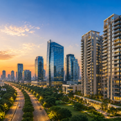 "Panoramic view of Gurgaon’s modern skyline with luxury residential towers, commercial office buildings, landscaped green spaces, and wide roads at sunset, highlighting the expertise of the Best Real Estate Company in Gurgaon and the city's growing property market."
